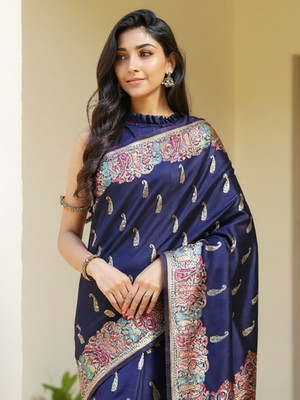 Sareemall Woven Banarasi Silk Blend Saree(Dark Blue)