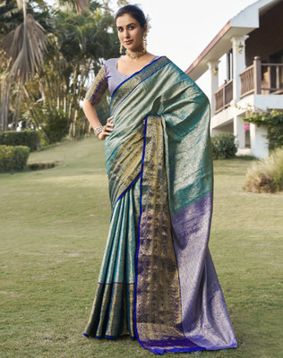 Tasrika Woven, Embellished Kanjivaram Silk Blend Saree(Silver, Blue)