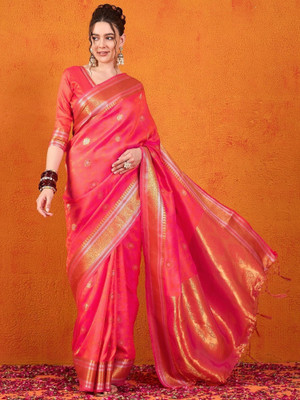 Vichitra Woven, Self Design Banarasi Silk Blend, Jacquard Saree(Orange)
