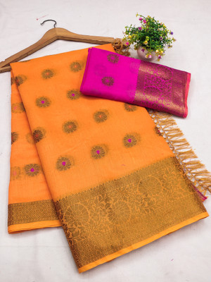 VAKHARIYAFAB Temple Border Banarasi Cotton Silk, Pure Silk Saree(Orange)