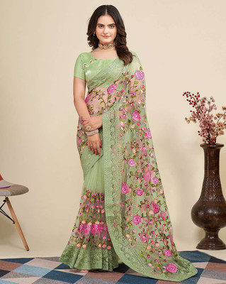 Celeb Styles Embroidered Bollywood Net Saree(Green)