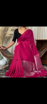 SAYAN CREATION Self Design, Temple Border Handloom Cotton Blend Saree(Pink)