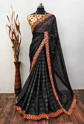HouseOfCommon Printed Kanjivaram Linen Saree(Black)