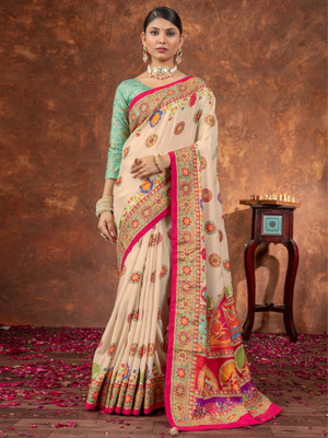 ANOUK Printed Daily Wear Silk Blend Saree(Cream)