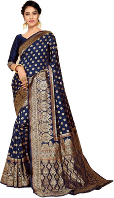 AVDOM Woven Kanjivaram Jacquard, Pure Silk Saree(Dark Blue)