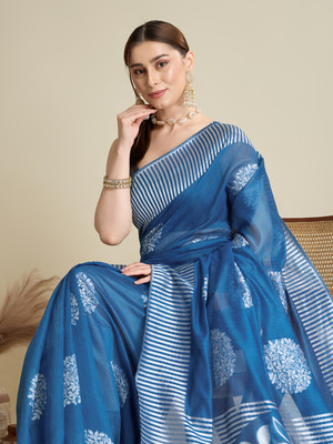 SUDIPTA Printed Banarasi Silk Blend Saree(Blue)