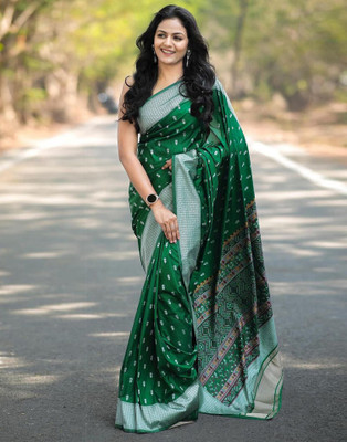 Samah Dyed, Woven, Embellished Banarasi Silk Blend Saree(Dark Green, Grey, Multicolor)