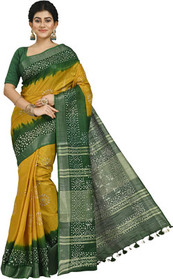 crochetin Printed Handloom Handloom Cotton Linen Saree(Yellow)