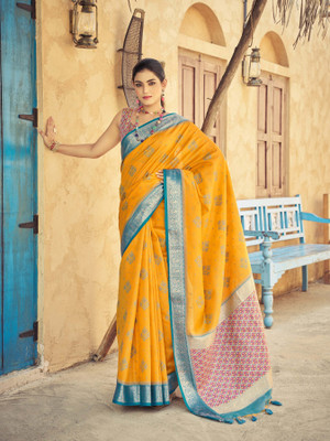 all about you Woven Bollywood Cotton Silk Saree(Yellow)