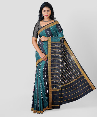 ETHNIC ODISHA HANDLOOM Printed, Digital Print, Geometric Print, Checkered, Polka Print, Graphic Print Sambalpuri Pure Cotton Saree(Green)