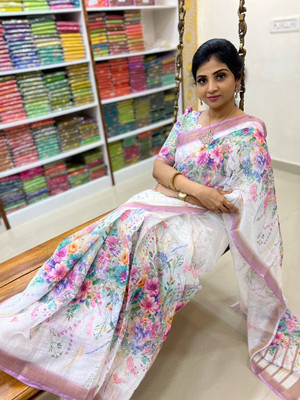 KRISHIVA EXPORT Printed Chanderi Linen Saree(Multicolor)