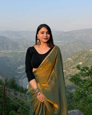 HouseOfCommon Embellished, Embroidered, Solid/Plain Bollywood Chiffon, Pure Silk Saree(Gold)