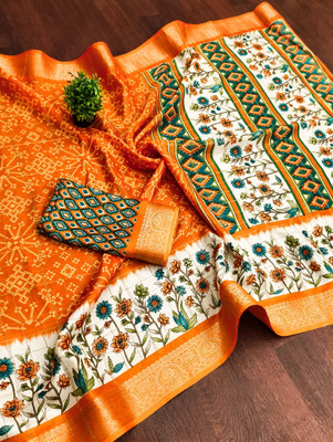 Sanjana Silks Printed Bollywood Silk Blend Saree(Orange)