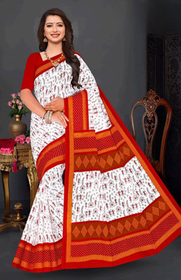 Ethnicsundari Printed Daily Wear Pure Cotton Saree(Red, White)
