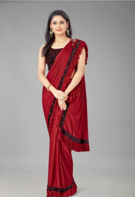 BHAKTINANDAN Solid/Plain Bollywood Polyester, Lycra Blend Saree(Red)