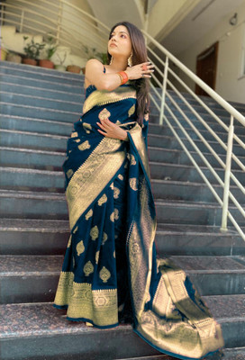 manmohitsaree Woven Banarasi Jacquard Saree(Blue)