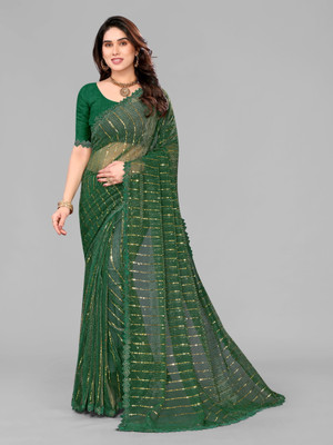 AKFABRICS Embellished Bollywood Lycra Blend Saree(Green)