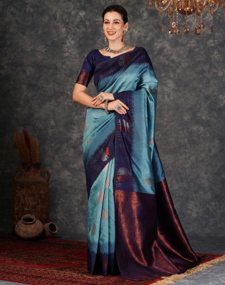 SIRIL Woven, Embellished, Striped Banarasi Silk Blend, Jacquard Saree(Light Blue, Dark Blue, Silver)