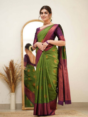 Moda Rapido Woven Banarasi Cotton Blend Saree(Green)