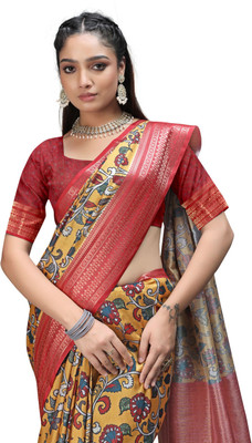 PremVastra Printed, Woven Kalamkari Crepe Saree(Red)