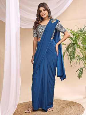 XOOM LADY Solid/Plain Bollywood Lycra Saree(Blue)