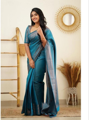 Bansari Textiles Embellished, Applique, Self Design, Woven Kanjivaram Cotton Silk, Jacquard Saree(Light Blue)