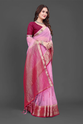 Aarunika SST Striped Bollywood Organza Saree(Pink)