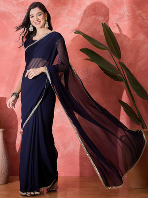 FABMORA Solid/Plain, Embellished Bollywood Georgette Saree(Dark Blue)