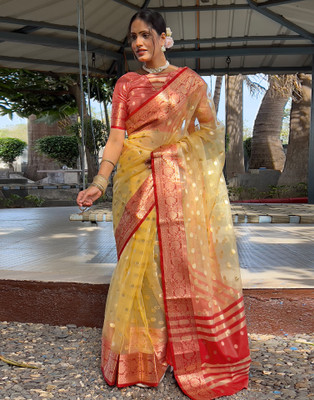 Samah Woven, Self Design, Embellished Banarasi Organza, Silk Blend Saree(Yellow)
