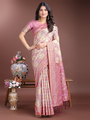 Tasrika Woven Banarasi Cotton Linen Saree(White, Pink)