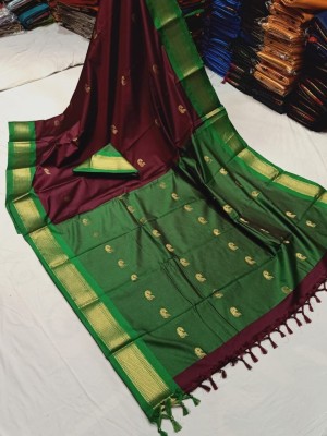 Fab Silk Embroidered Kanjivaram Silk Blend Saree(Green, Maroon)