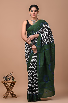 Crafts Moda Geometric Print Handloom Pure Cotton Saree(Dark Green)