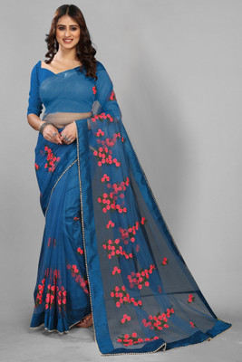 PATLANI STYLE Embroidered Bollywood Net Saree(Blue)