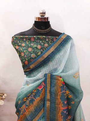 Saaransh Floral Print Kanjivaram Linen, Cotton Silk Saree(Light Green)