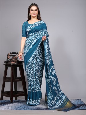 Divastri Printed Bollywood Cotton Blend Saree(Blue)
