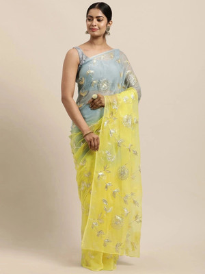 ROOP SUNDARI SAREES Embroidered Bollywood Organza Saree(Grey, Yellow)