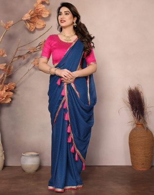 YASHIKA Printed Bollywood Georgette, Lace Saree(Blue)