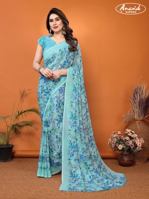 Anand Sarees Floral Print Daily Wear Georgette Saree(Light Blue)