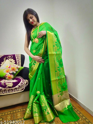 Kamini Creation Woven Handloom Cotton Silk Saree(Green)