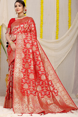 AMIRAT CLOTHING Self Design Banarasi Pure Silk Saree(Red)