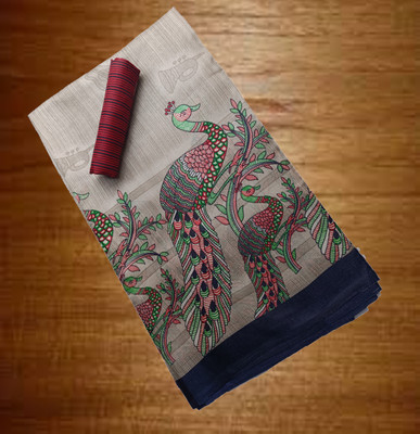 Gugaliya Printed Madhubani Cotton Blend, Art Silk Saree(Multicolor)