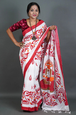 SAPTAK FASHION Printed Handloom Pure Cotton Saree(White, Red)