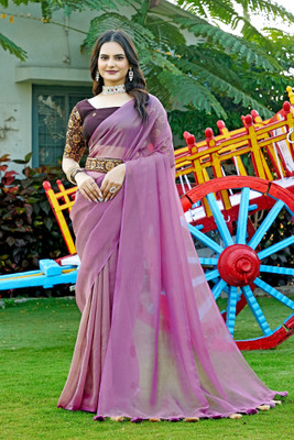 K 5 FASHION Solid/Plain Bollywood Silk Blend Saree(Purple)