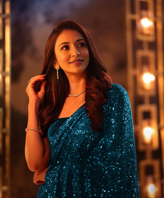 GANPATIJI FASHION Embroidered, Embellished Bollywood Georgette Saree(Light Blue)