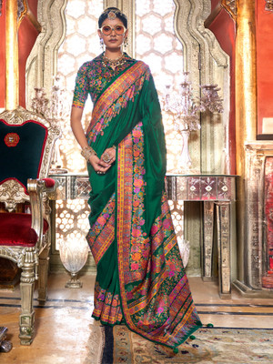 Sareemall Printed Banarasi Silk Blend Saree(Green)