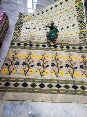 Damudar sarees Woven Jamdani Cotton Blend Saree(White)