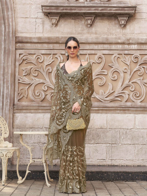 Tikhi Imli Embroidered Saree with Attached Blouse Net Saree(Brown)