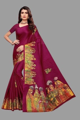 PREETHU Animal Print, Self Design, Printed Daily Wear Silk Blend Saree(Maroon)