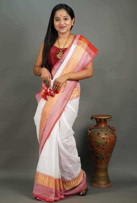 Trishul Woven Handloom Handloom Pure Cotton Saree(White)