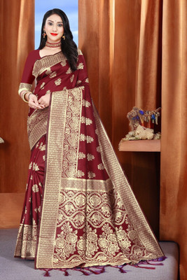 ALMEDA Woven Kanjivaram Silk Blend, Jacquard Saree(Maroon)